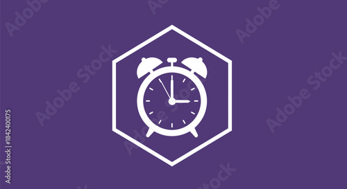 White alarm clock within a hexagon on a purple background