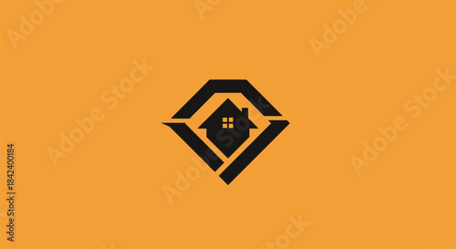 A black house symbol within a diamond and frame on an orange background