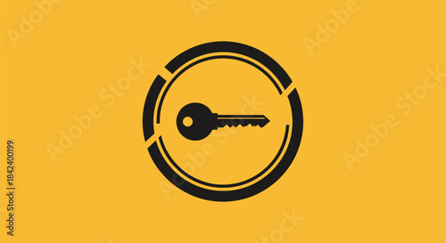 A black key graphic inside a broken circle on a yellow background. Simple and bold design