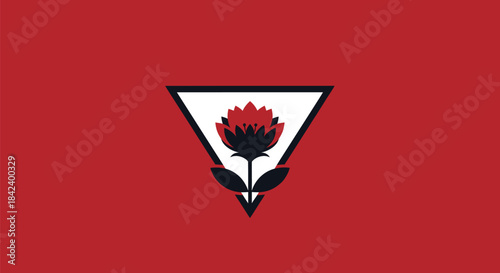 A red background with a triangle containing a flower silhouette design in black and red