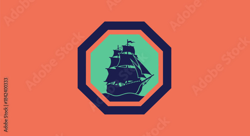 A stylized sailing ship silhouette within a multi-layered octagon, set against a coral background