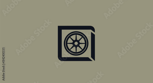 Circular wheel with spokes within a square frame with a cutout. A neutral background