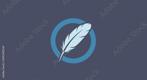 A light blue feather in a circle on a dark blue background