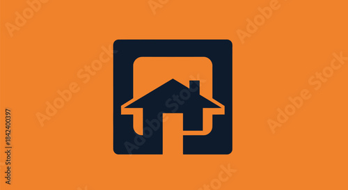 Dark blue house graphic nested within a rounded rectangle, set against a rich orange backdrop