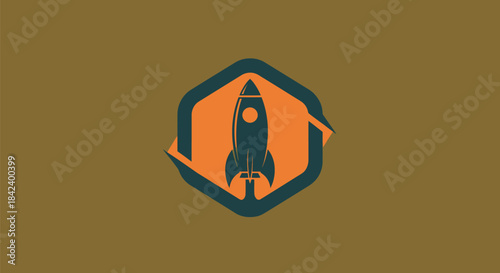 A stylized rocket ship inside a hexagonal frame, on a muted brown background