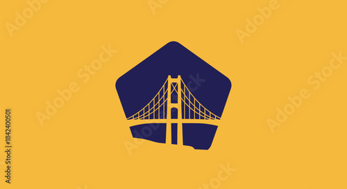 An emblem of a suspension bridge within a dark blue pentagon on a yellow background
