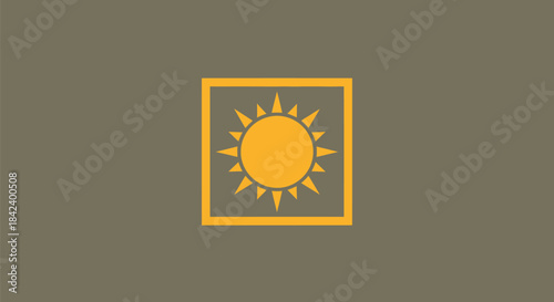 A golden sun with rays inside a square frame on a muted green-brown background