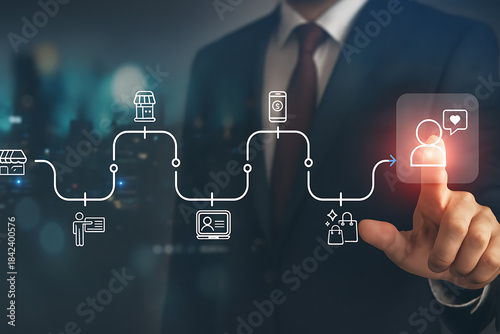 Customer experience map showing user path from local store interaction to digital purchase and final brand loyalty with social media engagement and hearts