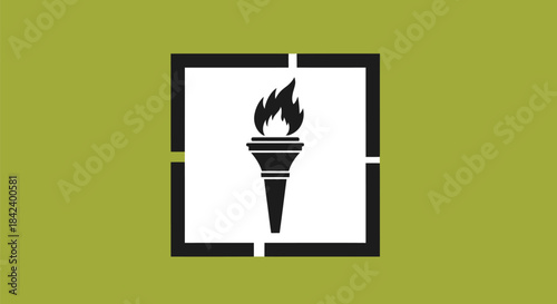 A black torch with flames centered within a white square set inside a dark olive-green backdrop