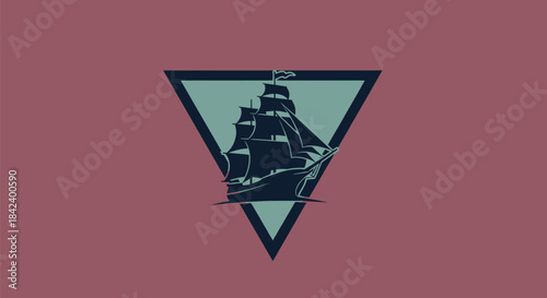 A stylized sailing ship silhouette within a downward-pointing triangle. Background is dusty rose