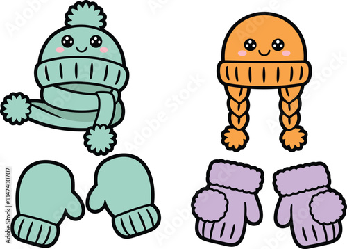 Cute winter hats and accessories illustration, cartoon mittens earmuffs set, adorable cold weather clothing bundle for kids, cozy seasonal design