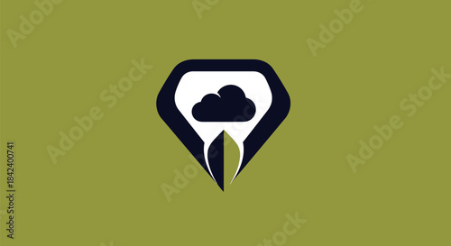 Abstract logo of dark diamond enclosing cloud and flame on a muted green background
