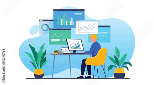 Data Analysis and Business Intelligence in Modern Workspace — Professional at Desk Reviewing Charts and Graphs on Computer and Floating Screens with Magnifying Glass Icons and Decorative Plants