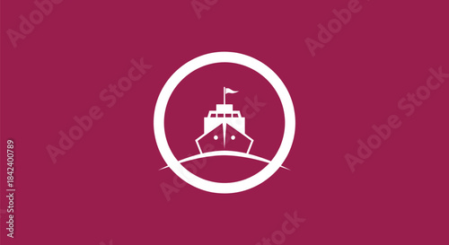 A minimalist ship illustration in a circle on a burgundy background