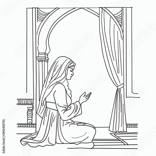 Moment About a Muslim Woman with Hijab and Praying with Raised Hands Inside a Classic Islamic House with Decorative Arches and Soft Curtains - Black and White Detailed Vector Artwork