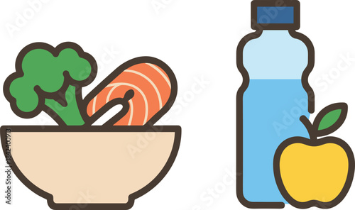 Healthy food icons, salad bowl with vegetables and salmon, water bottle with apple, clean eating illustration, nutrition symbols, minimalist vector design