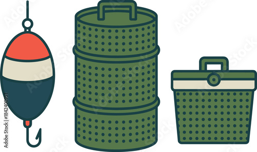 Fishing gear illustration set, bobber lure with hook, bait bucket, storage container, minimalist outdoor equipment design, cartoon fishing accessories