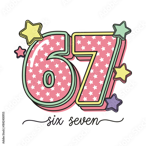 Pink leopard and checkerboard 67 Six Seven birthday design with bold animal print number 6, checkered pattern number 7, bow, stars and checkered border