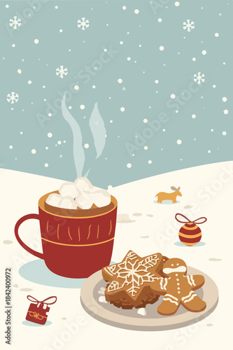 Vector illustration template featuring a festive Thanksgiving and Christmas background with snowflakes gently falling, a steaming mug of hot chocolate 