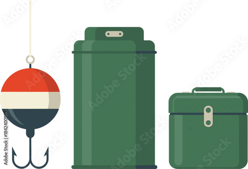 Fishing gear illustration set, bobber lure with hook, bait bucket, storage container, minimalist outdoor equipment design, cartoon fishing accessories