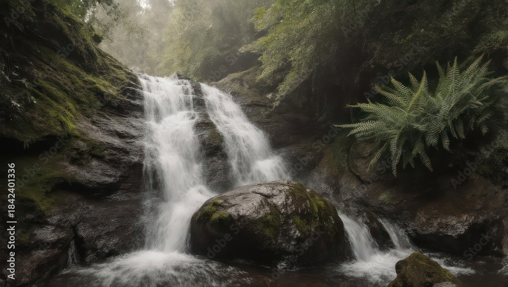 Fototapeta premium Misty Waterfall Cascading Through Lush Green Forest.