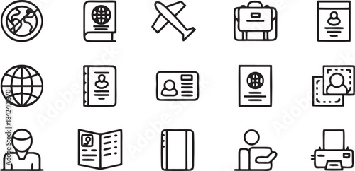 Set of minimalist line art vector icons for travel identity and documentation ideal for web app and business interface design