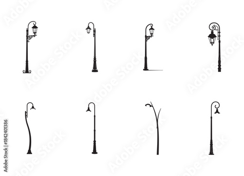 Set of 8 Vintage and Modern Street Lamp Post Silhouettes on White Background