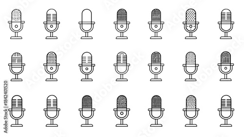 Black outline icons set illustrating microphones for recording, broadcast, and audio communication.