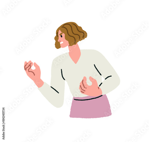 Angry aggressive woman. Furious fierce annoyed female. Rage, anger and bad temper. Emotional irritated outraged person gesturing with hands. Flat vector illustration isolated on white background