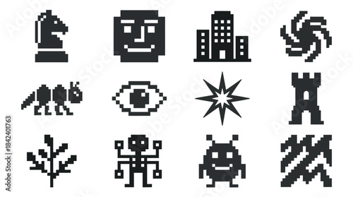 Diverse collection of pixel art icons representing mythical creatures human faces buildings natural elements and abstract symbols with transparent