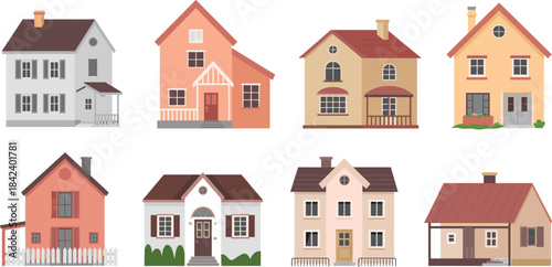Charming cottage house illustration set, cozy suburban homes, vintage architectural designs, cute residential buildings, decorative facades, warm neighborhood clipart artwork