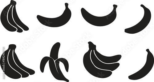 Collection of black and white fruit silhouettes, including strawberry, apple, banana, pear, papaya, pomegranate, mangosteen, and avocado. Ideal for healthy eating, food icons, and minimalist design.