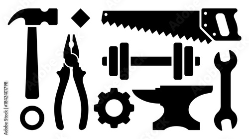 Abstract black silhouette design with interconnected circular forms and transparent background emphasizing minimal geometric patterns