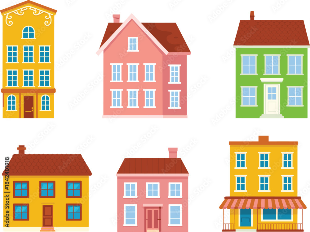 Fototapeta premium Colorful cartoon house set, cute residential buildings, whimsical homes illustration, bright neighborhood houses, playful architecture clipart for design projects