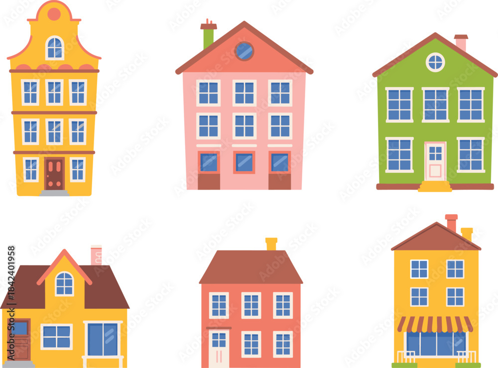 Fototapeta premium Minimalist pastel house set, modern home illustrations, simple residential buildings, soft color architecture, suburban homes clipart, clean flat design houses