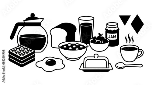 Minimalist black and white illustration of breakfast items including coffee, toast, jam, eggs, and utensils on a dark background
