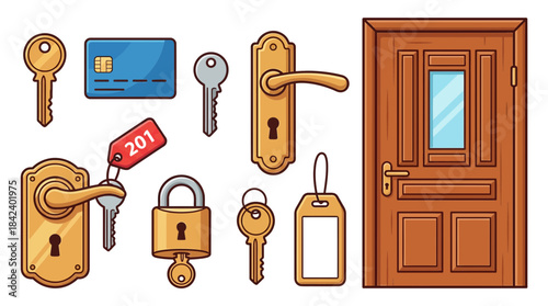 Collection of various door handles and keys with a wooden door and security elements on a black background minimalistic design