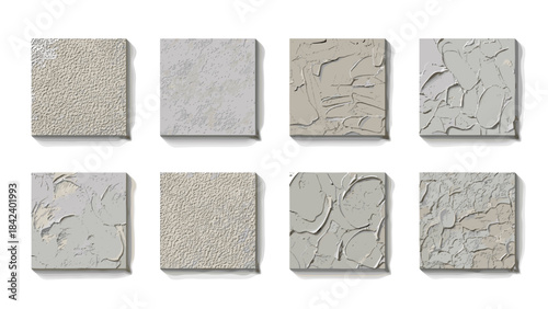 Set of eight square samples of textured concrete or stucco finishes