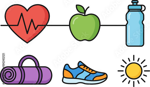 health and fitness essentials featuring heart monitor apple water bottle hiking shoe and sun minimal transparent background