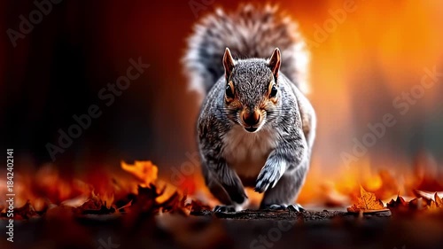 Squirrel crouches amid orange autumn leaves, tail fluffy, alert under warm sunset light. under glow