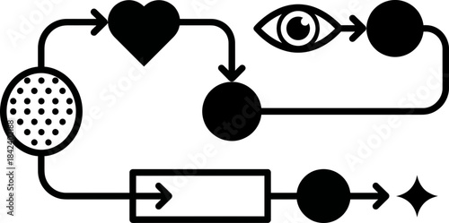 Minimalist black and white abstract icons featuring eye eye arrow and textured circle with high contrast clarity suitable for modern design elements