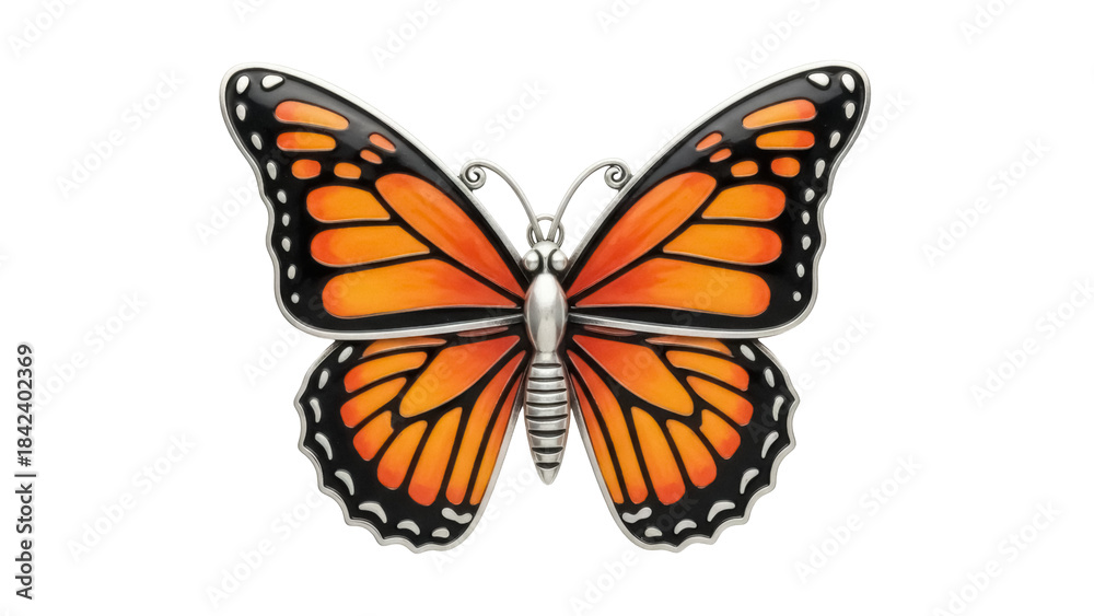 Naklejka premium Monarch butterfly isolated PNG on transparent background, orange and black wings with silver body for design elements