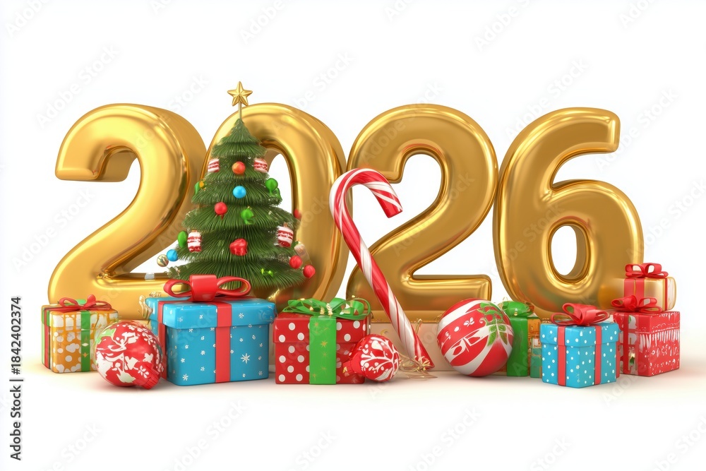 Obraz premium Golden 2026 New Year Celebration with Christmas Gifts