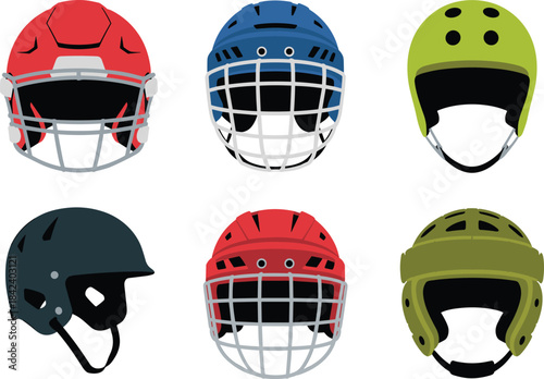 Set of sports helmets, football helmets, hockey helmets, protective headgear icons, colorful vector safety equipment collection for sports and athletics