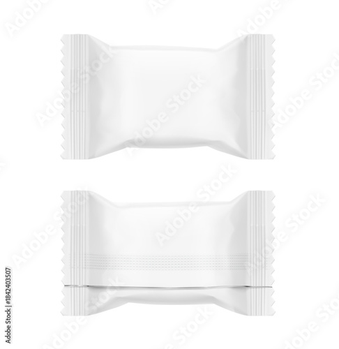 Realistic flow pack for candy mockup. Front and back view. Vector illustration on white background. Easy to use for presentation your product, idea, design. EPS10.