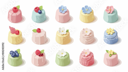 Flat lay of assorted colorful miniature cakes with various fruits and flowers on top against a clean white background.