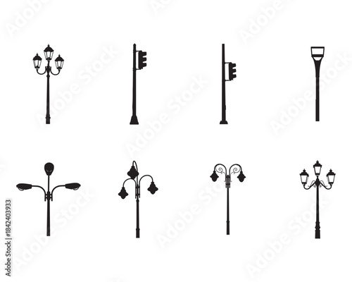Set of Street Lamppost and Traffic Light Silhouettes. Urban Lighting Icons.