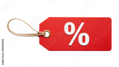 Red price tag with percentage sign isolated PNG, sale discount label for retail promotion and marketing on transparent background