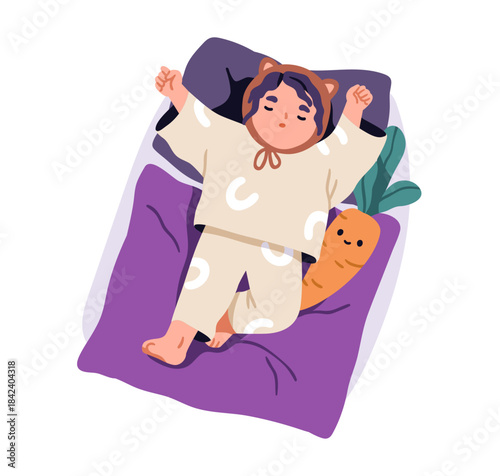 Kid sleeping in bed. Cute little girl lying on back in funny pajamas and cap, with plush toy. Child in relaxed pose, dreaming at night, top view. Flat vector illustration isolated on white background