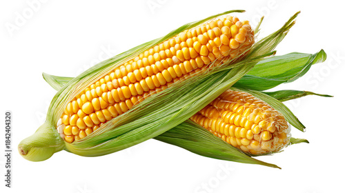 Two ears of yellow corn on transparent background with green husks and kernels